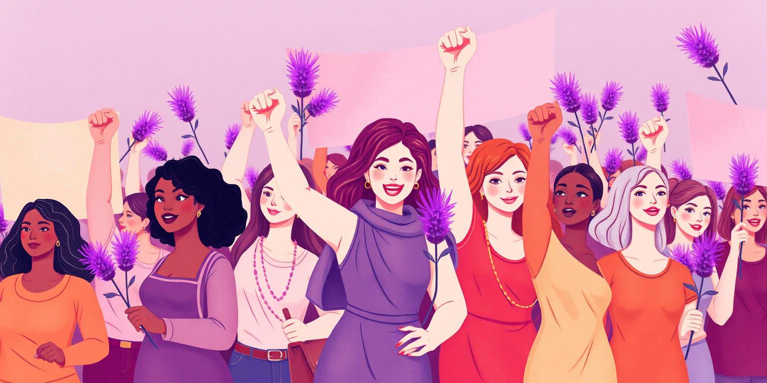 Ilustración del movimiento feminista: mujeres diversas alzando el puño en solidaridad, rodeadas de flores moradas